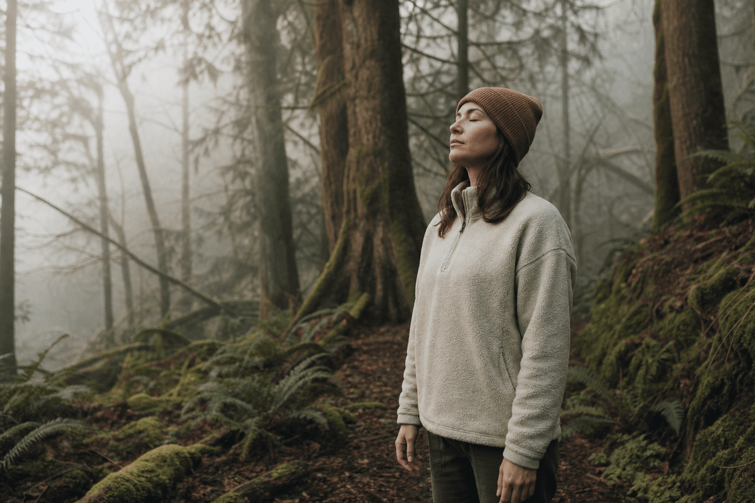 A woman pausing to breathe on a misty forest trail