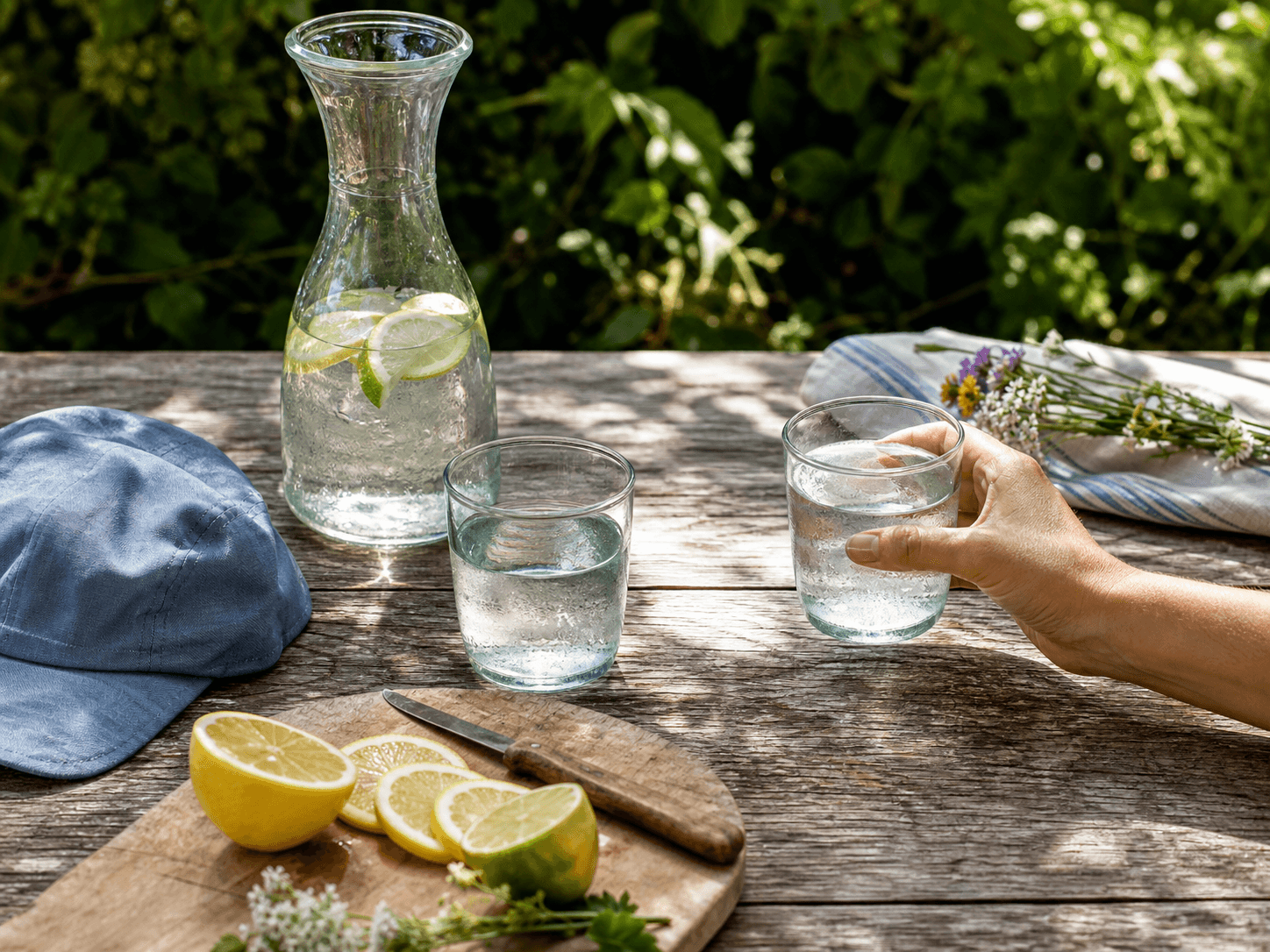 A bright outdoor table set with water, citrus and wildflowers
