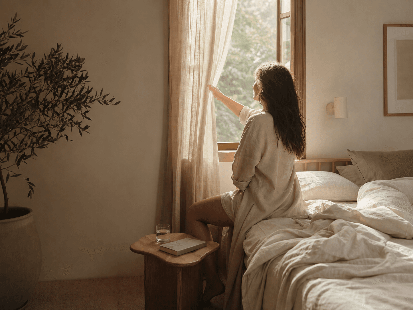 A calm linen bedroom lit by the first light of morning