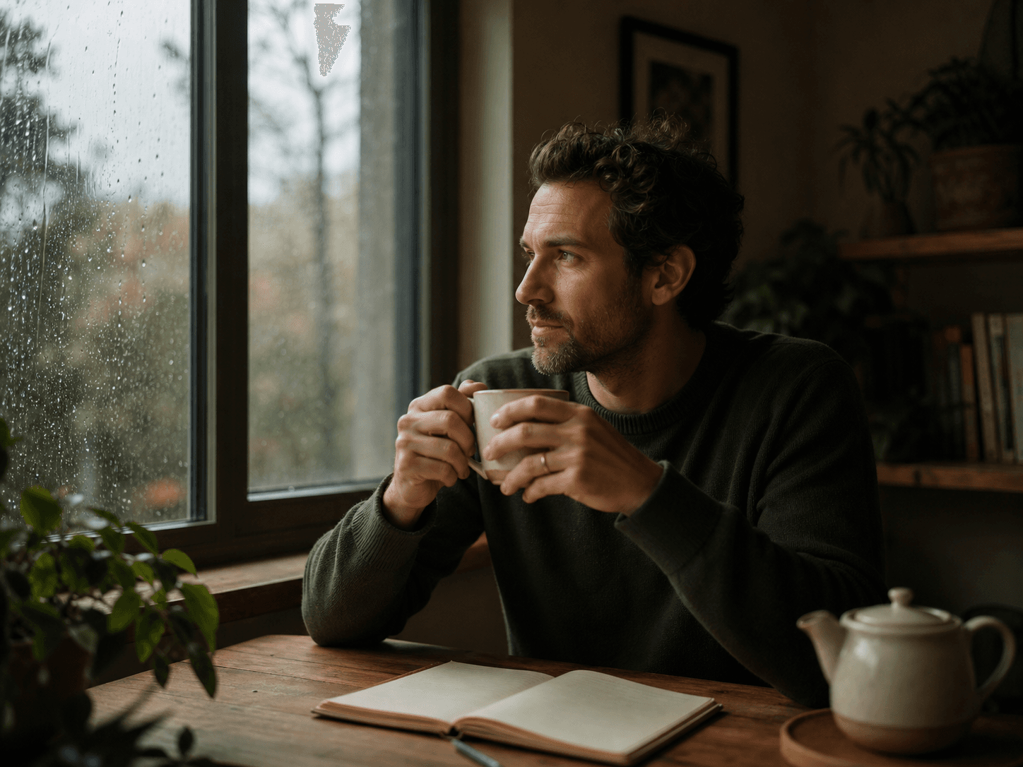A quiet tea and journal ritual beside a rain-streaked window