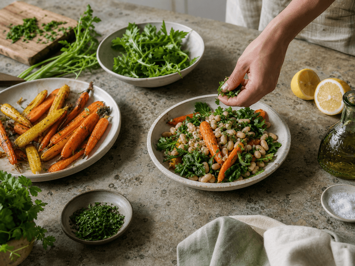 A generous table of vegetables, beans and herbs